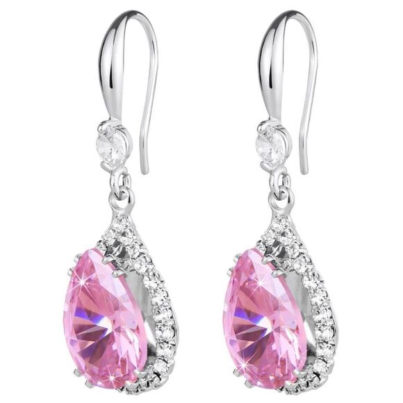 14K White Gold with Pink Sapphire Cubic Zirconia Teardrop Hook Dangle Earrings - Picture 2 of 5